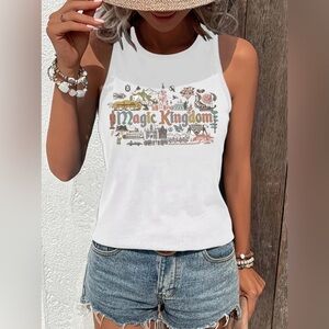 Women's Magic Kingdom Print Tank Top, Sleeveless Crew Neck Casual Top size S & M